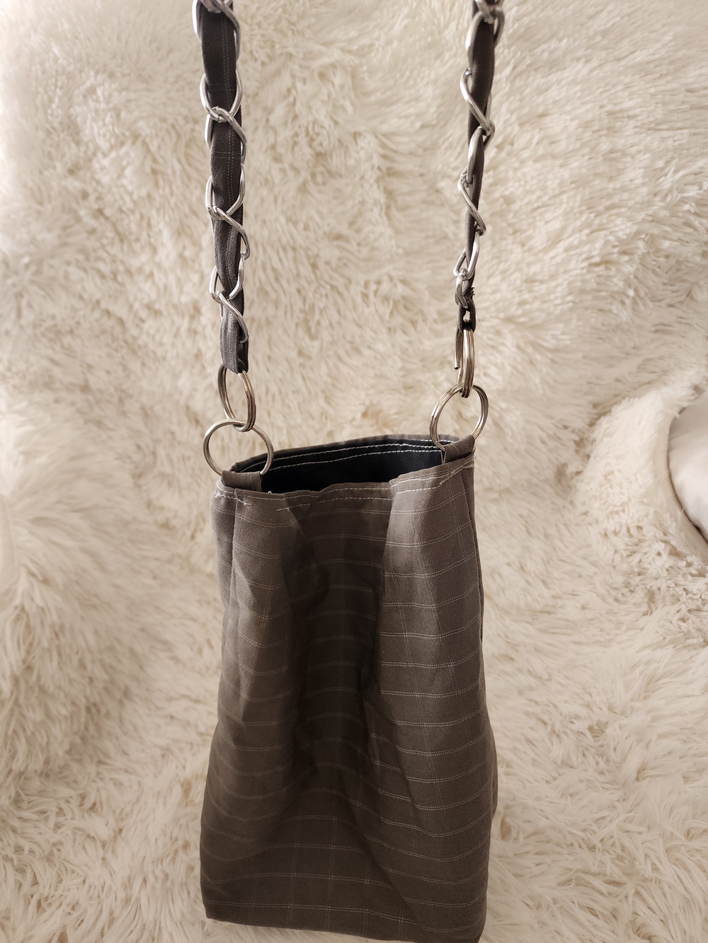 Gray Plaid Fabric Panel Windowpane Checkered Shoulderbag with Silver Chain Strap